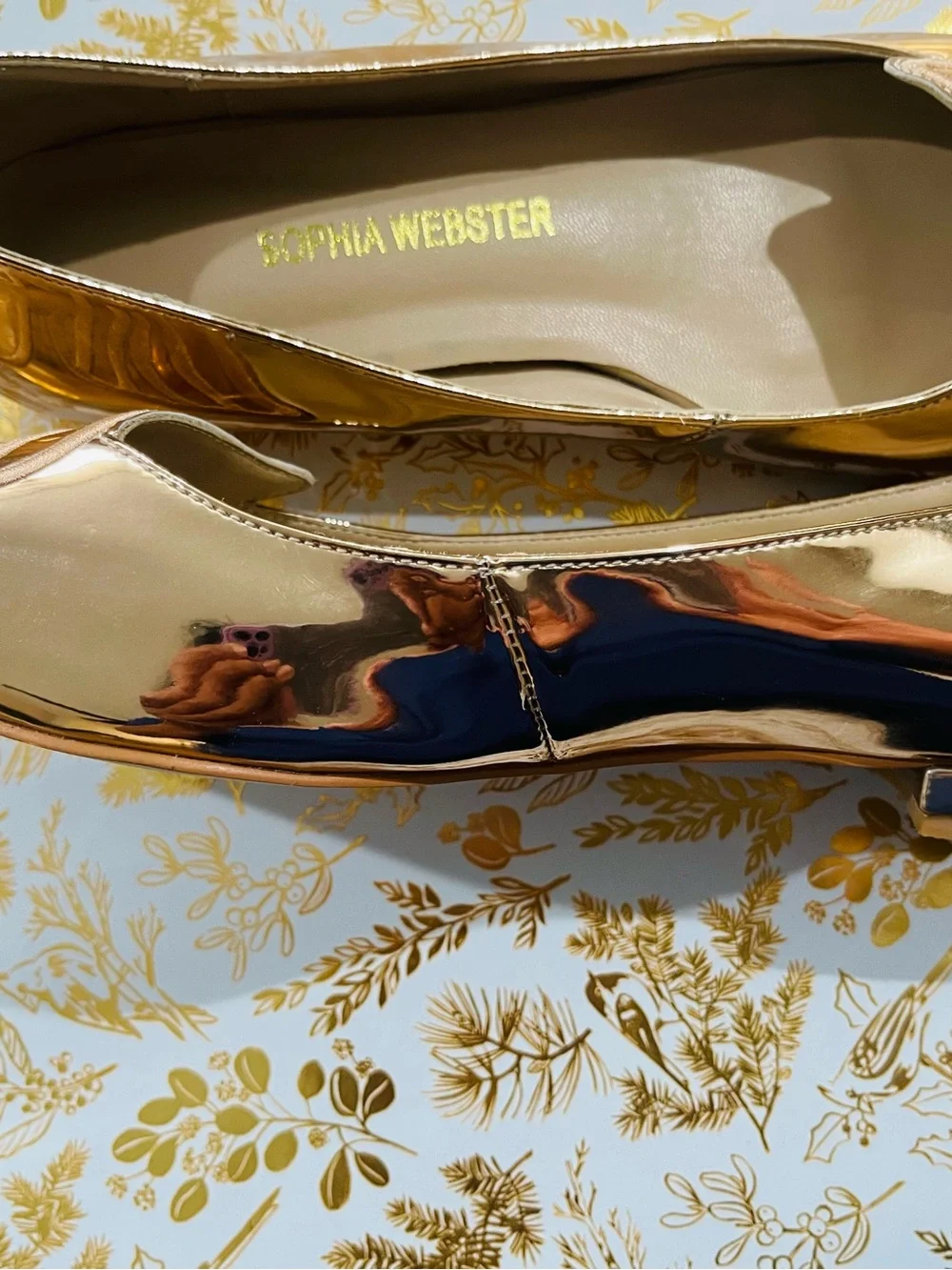 Sophia Webster Gold Metallic Pointed Toe Flats with Embroidered Wing Detail